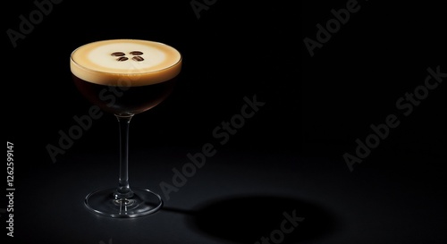 Classic Espresso Martini, Rich and Energizing, Garnished with Coffee Beans, Against a Dark Background with Copy Space
