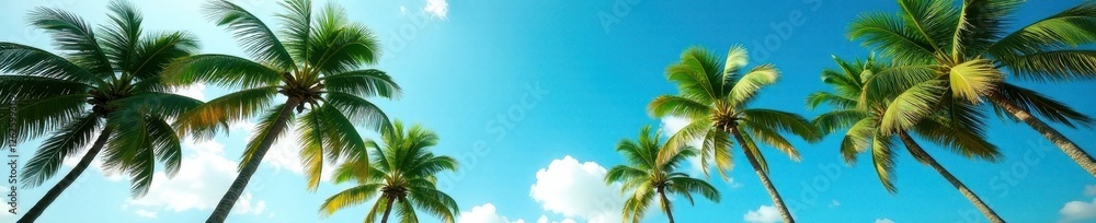 Lush palm trees sway gently under a vibrant blue sky , coconut palms, background, carefree
