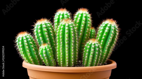 vibrant cactus plant with multiple green stems in terracotta pot against black background, showcasing its unique texture and spines photo