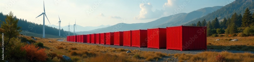 Naklejka premium Massive red battery banks amidst wind turbines and trees, red, electric
