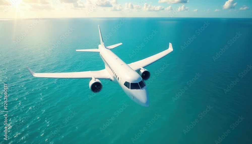 Modern airplane soaring above turquoise water, arrival, paradise, wing Modern airplane soaring above turquoise water, arrival, paradise, wing