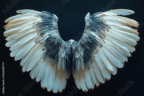 hyperrealistic photographic capture of anatomically correct angel wings with dramatic lighting and intricate feather detail photo