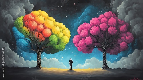 Person standing between a rainbow and pink blossoming tree photo