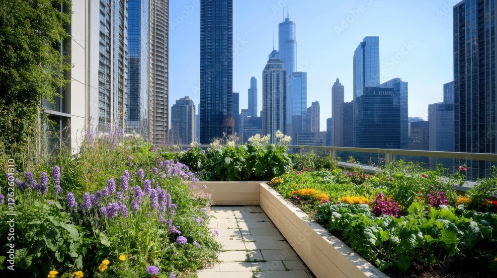 Fototapeta premium urban rooftop gardens, an urban rooftop garden displaying sustainability with flourishing vegetables and flowers against towering skyscrapers