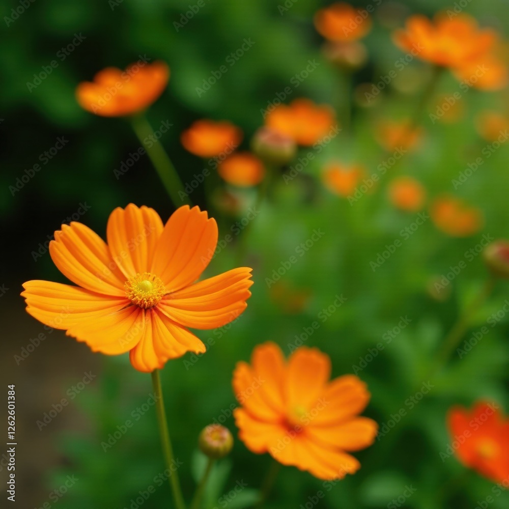 Orange cosmos flowers, lush green garden backdrop, soft focus , stems, art, flower Orange cosmos flowers, lush green garden backdrop, soft focus , stems, art, flower