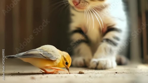 funny kitty watching a small yellow bird, intrigued mood, indoor cage setting. Kitty baby animals. Sunny day pet concept.