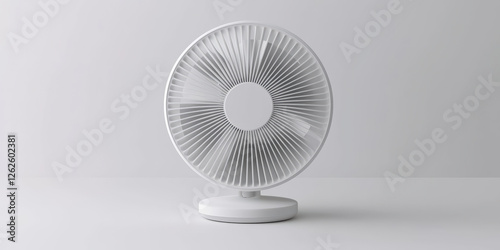 A modern white table fan with a sleek design, positioned on a flat surface against a minimalistic background.