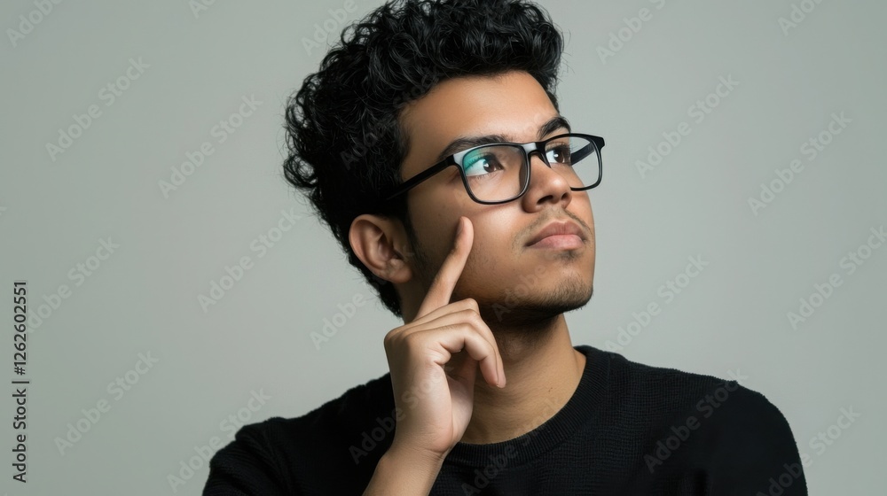 A thoughtful Hispanic young man with curly hair and glasses is gazing upwards, pondering ideas, against a neutral background in this isolated portrait. A thoughtful Hispanic young man with curly hair and glasses is gazing upwards, pondering ideas, against a neutral background in this isolated portrait.