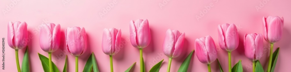 Naklejka premium Perfectly arranged pink tulips, soft pink background Spring theme , soft pink, photo