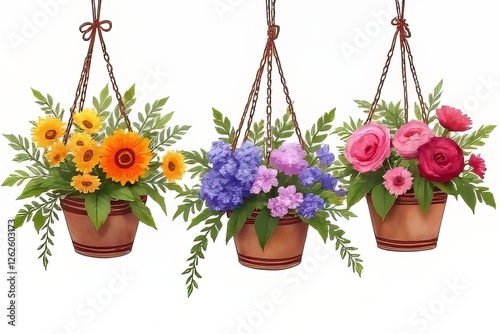Hanging Flower Pots with Assorted Flowers - Decorative Illustration