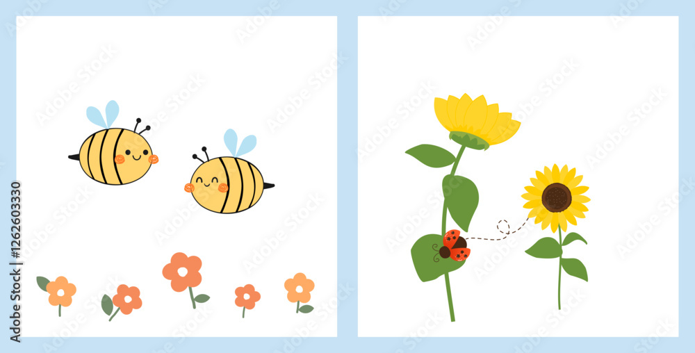 Fototapeta premium Bee cartoons, orange flower, sunflower and lady bird icon sign isolated on white background vector.