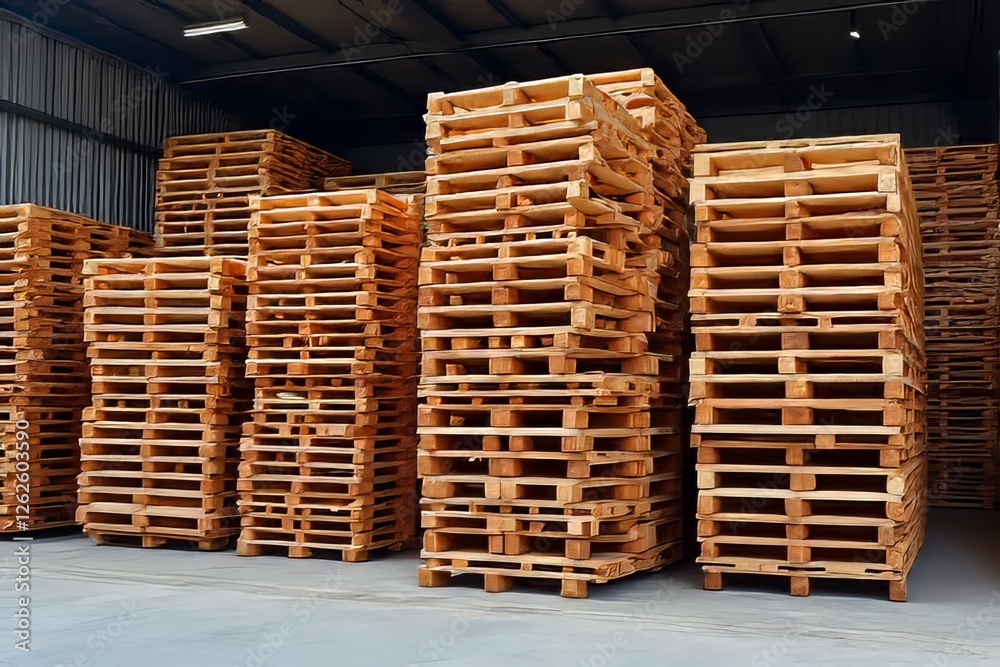 High Stacks of Wooden Pallets in a Warehouse Storage Facility High Stacks of Wooden Pallets in a Warehouse Storage Facility