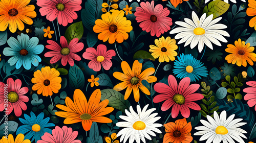 A vibrant floral pattern featuring various colorful flowers against a dark background.
