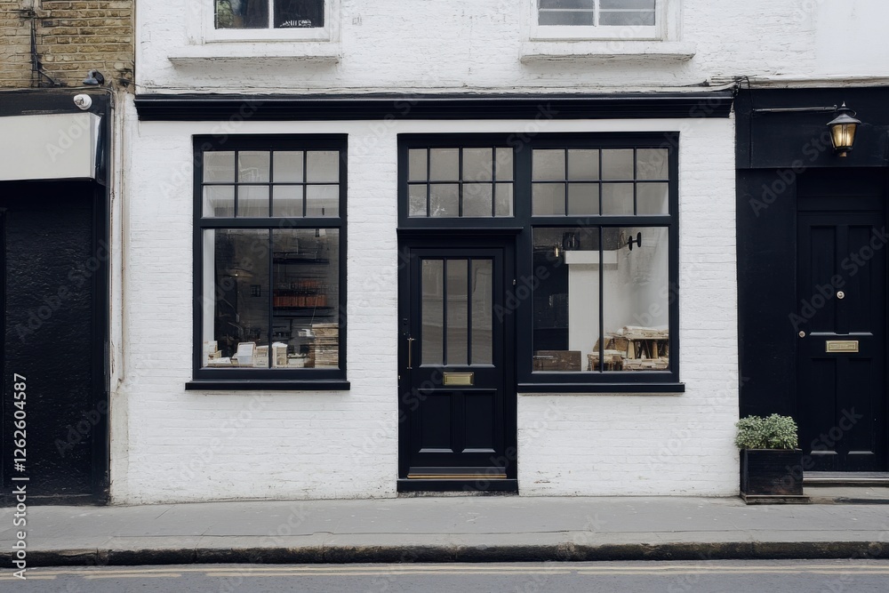 Charming black door leads to a cozy shop front on a quaint city street showcasing a minimalist design during daylight hours Charming black door leads to a cozy shop front on a quaint city street showcasing a minimalist design during daylight hours
