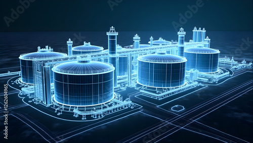 Industrial LNG Liquid Gas Refinery and Storage Tank Facility Petrochemical Energy Power Infrastructure Industry 3D wireframe drawing
