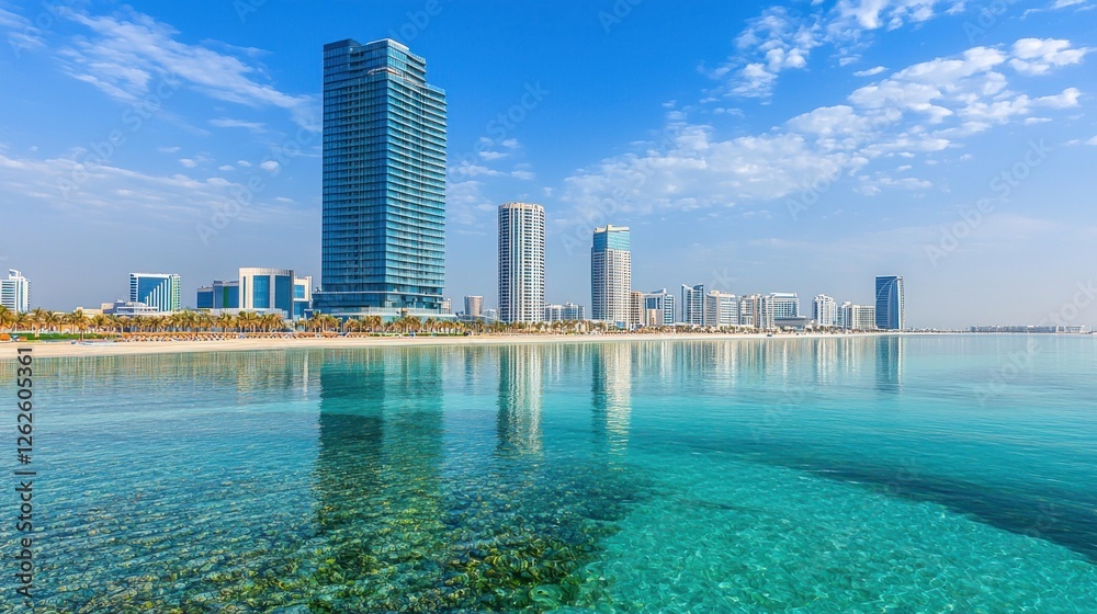 Naklejka premium Coastal city skyline reflected in turquoise water