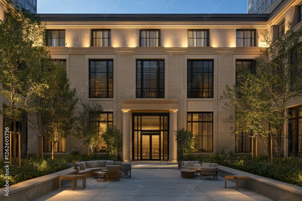 Fototapeta premium Elegant courtyard at dusk showcasing modern architecture surrounded by greenery creates a serene atmosphere perfect for relaxation in an urban setting