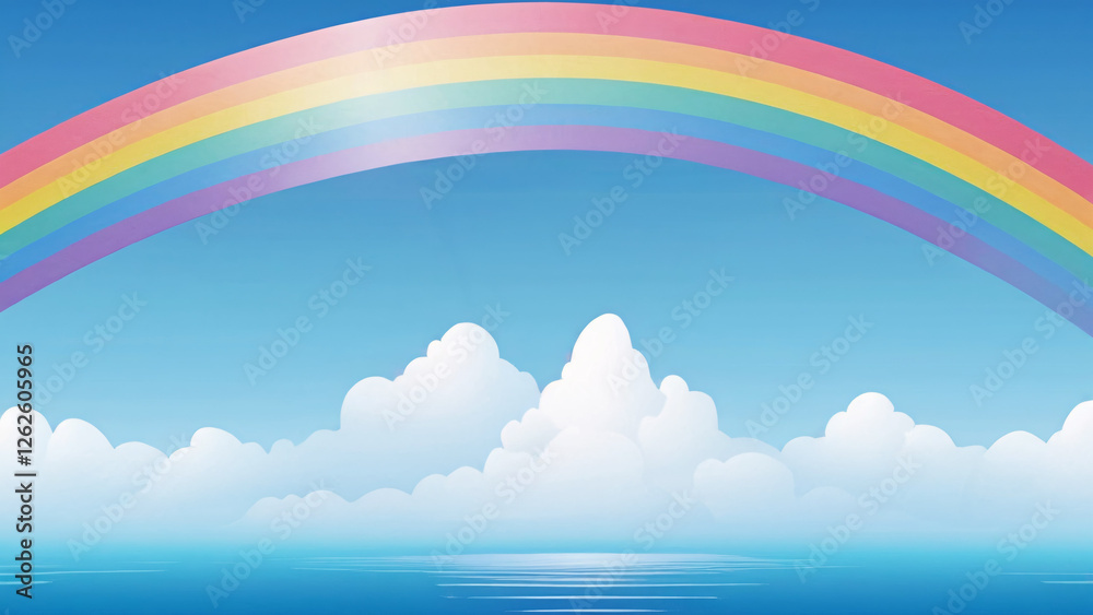 A stunning and vibrant rainbow arcs gracefully over a tranquil ocean and fluffy clouds A stunning and vibrant rainbow arcs gracefully over a tranquil ocean and fluffy clouds