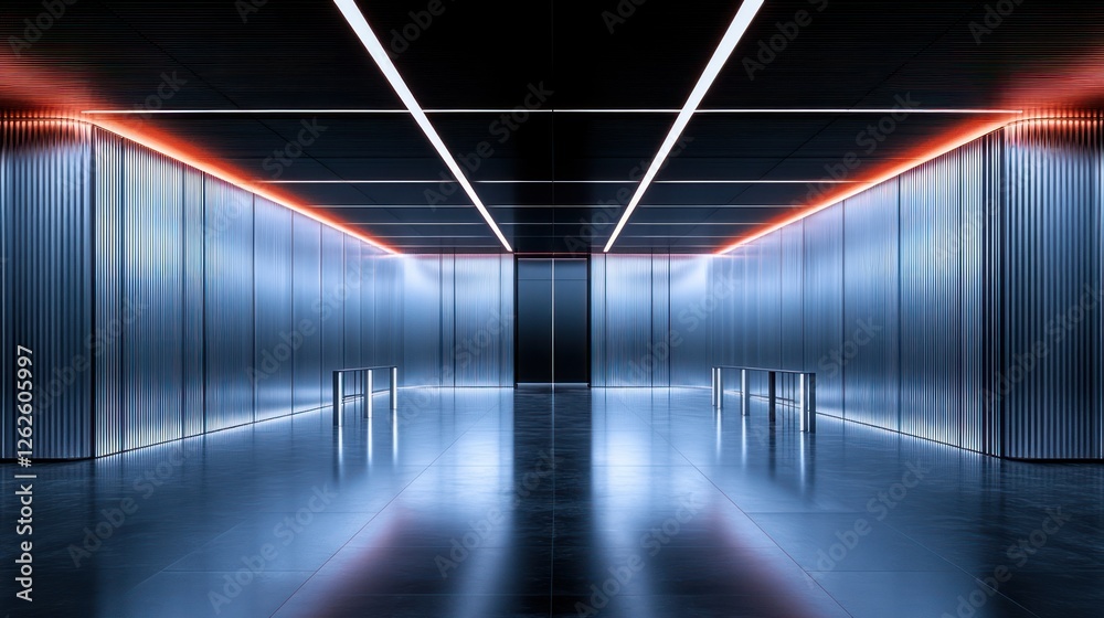 Neon-lit metallic corridor, futuristic space, reflective floor, event backdrop Neon-lit metallic corridor, futuristic space, reflective floor, event backdrop