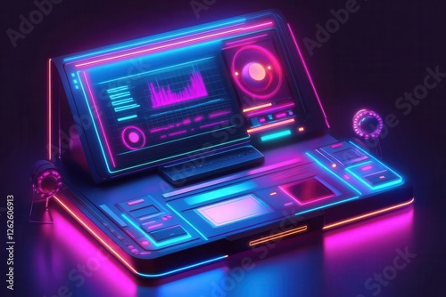Wallpaper Mural 3d isometric render of retro-futuristic media player interface, neon gradient buttons, holographic display, synthwave aesthetic Torontodigital.ca