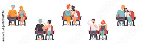 People Character in the Cinema Sit on Chair in 3D Glasses Vector Set