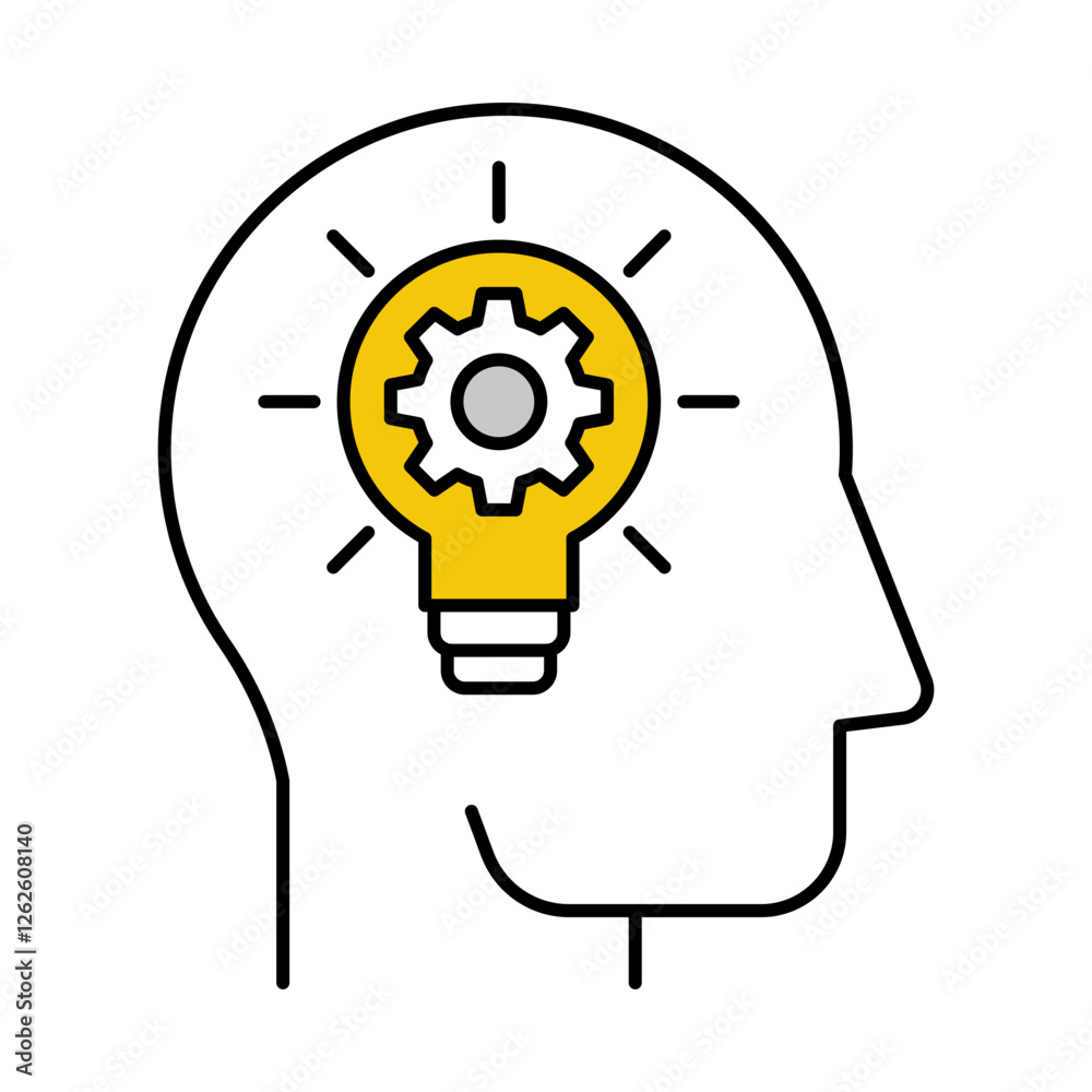 Think icon human head with lightblub. Cognitive processes, creativity, problem-solving, idea generation, innovation, analysis. Vector illustration.