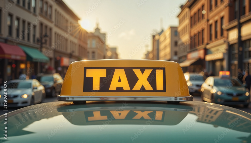 Fototapeta premium Taxi sign illuminated on car roof in urban setting