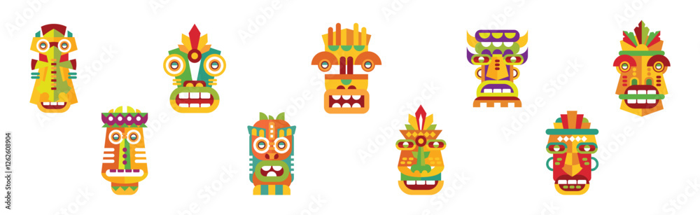 Fototapeta premium Tribal Hawaiian Wooden Carved Mask as Ritual Symbol Vector Set