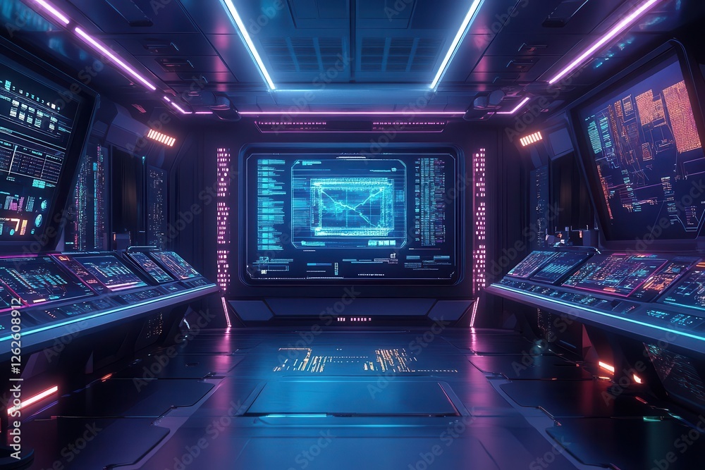 a futuristic command center with holographic data visualizations, glowing analytics displays in deep blues and purples, 8k hyperrealistic rendering a futuristic command center with holographic data visualizations, glowing analytics displays in deep blues and purples, 8k hyperrealistic rendering