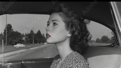 Retro woman drives car, road trip, 1950s, parked cars background photo