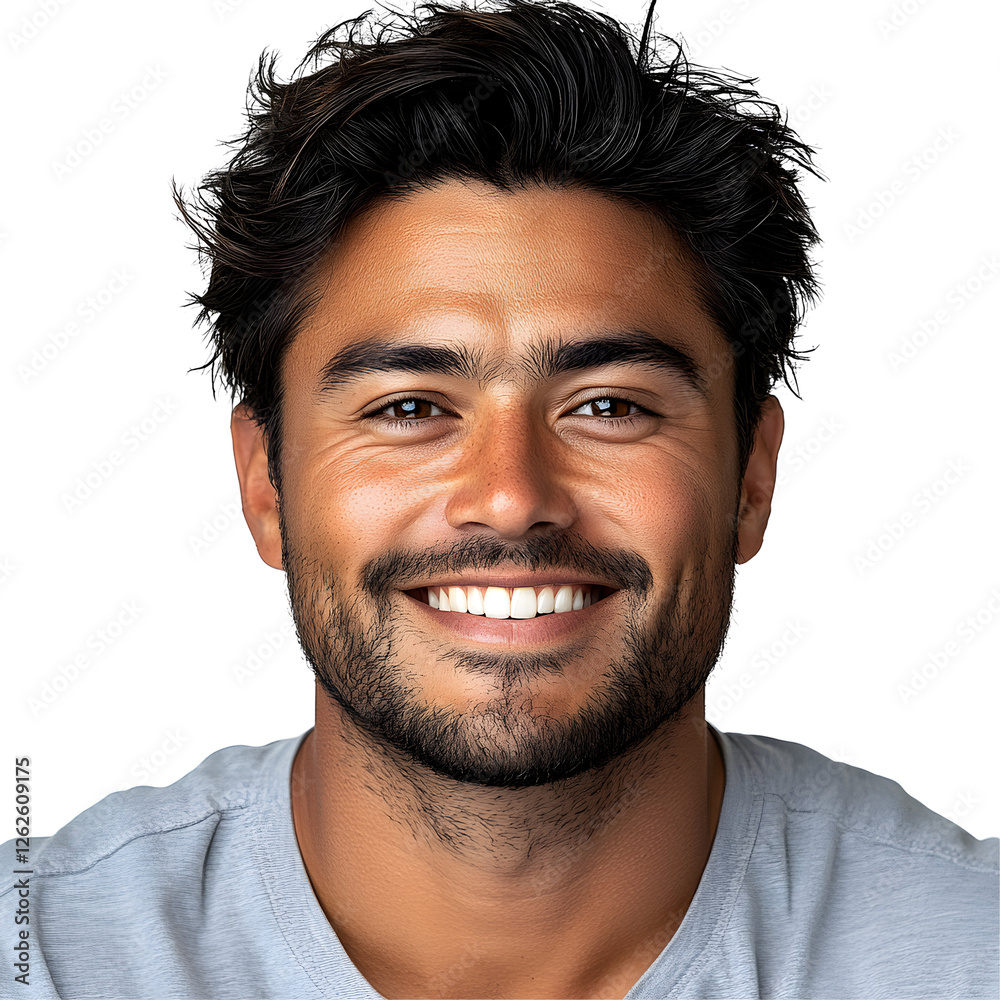 Fototapeta premium Smiling man shows teeth while wearing a grey shirt.isolated