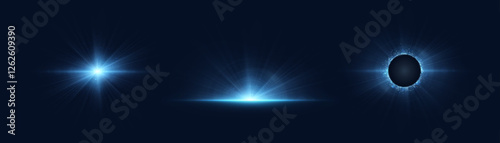 Abstract blue vertical and horizontal glow. Bright explosion of light flickering rays on transparent background for design and vector illustrations.