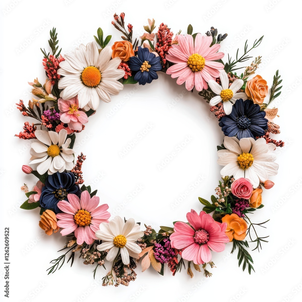 Fototapeta premium A vibrant floral wreath made of various colorful flowers and greenery, perfect for decoration or events. isolated on white background