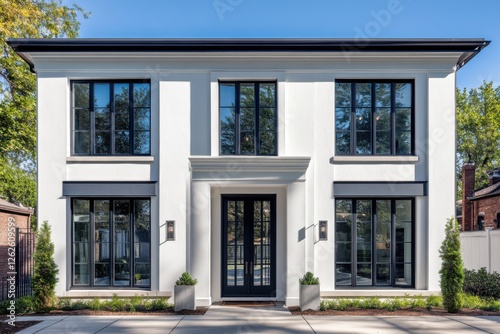 Wallpaper Mural Modern architectural design featuring a stylish white house with large windows, surrounded by greenery, located in a serene neighborhood on a bright sunny day Torontodigital.ca