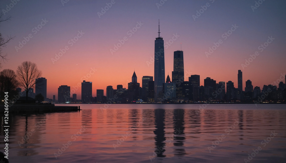 Obraz premium New York City skyline against a sunset reflection