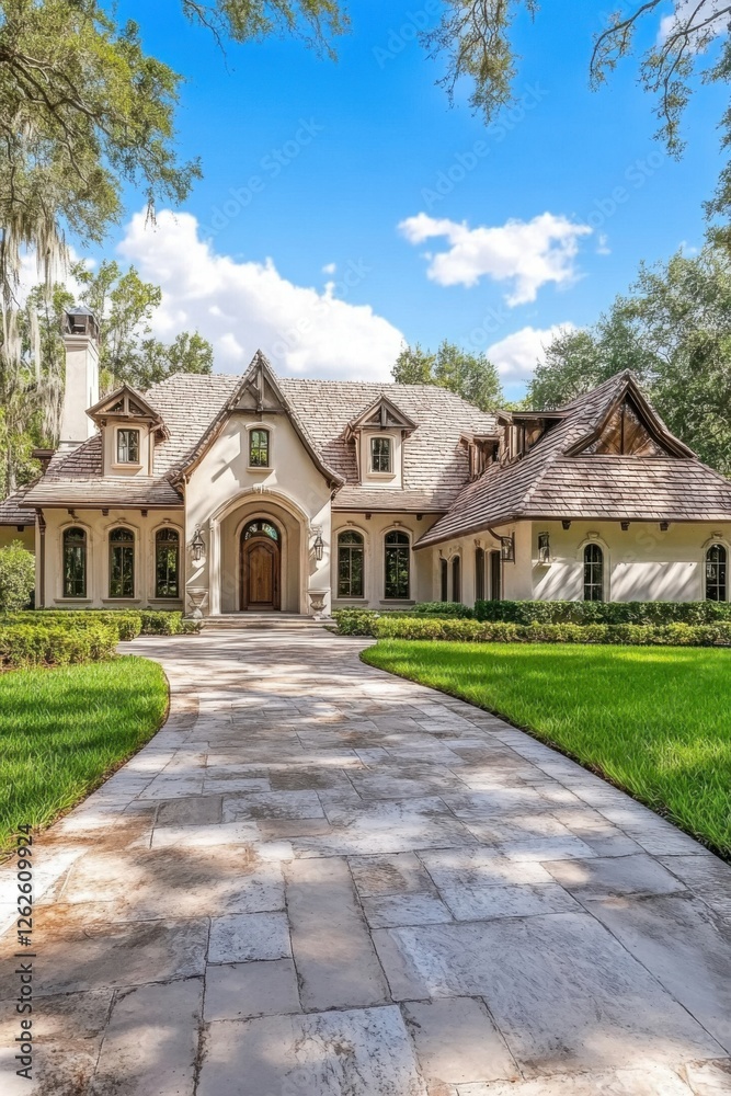 A stunning French-style home featuring a beautifully landscaped garden and a charming stone pathway, all basking in the warmth of a sunny day in a peaceful neighborhood A stunning French-style home featuring a beautifully landscaped garden and a charming stone pathway, all basking in the warmth of a sunny day in a peaceful neighborhood