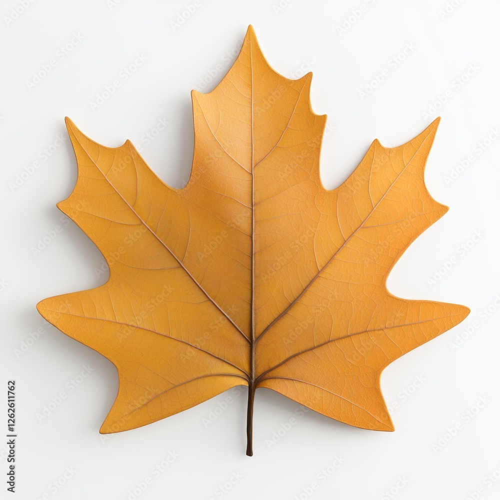 Obraz premium A vibrant, orange maple leaf against a white background, showcasing its intricate veins and natural beauty.