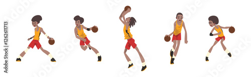 Man Basketball Player Wear Uniform in Different Pose with Ball Vector Set