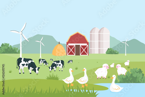 Vector illustration of a rural farm landscape with dairy cows, sheep, and ducks grazing on a grassy meadow. A red barn and mountains create a charming backdrop.