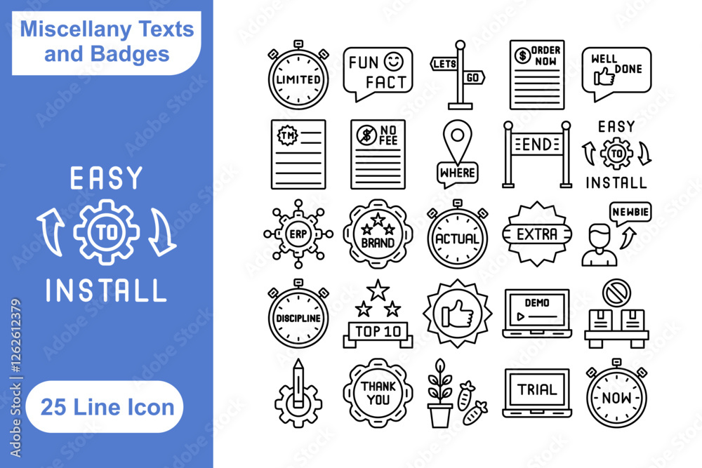 Naklejka premium Miscellany Texts and Badges icon set. Collection of badges, badge, brand, discount, sale, demo, video, and more. Vector illustration. Editable stroke.