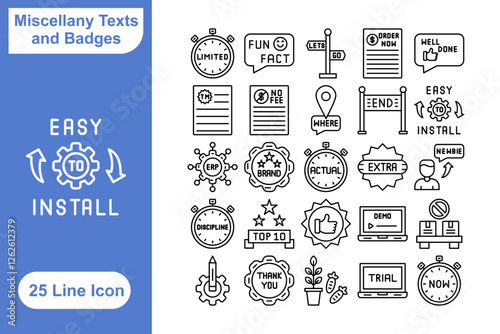 Miscellany Texts and Badges icon set. Collection of badges, badge, brand, discount, sale, demo, video, and more. Vector illustration. Editable stroke.