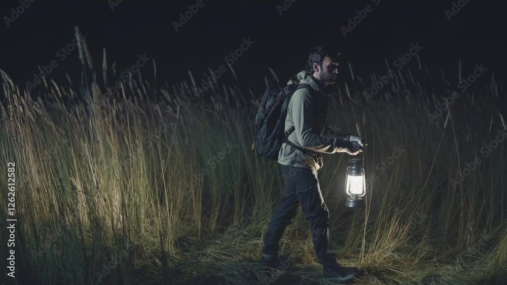A man with a backpack walks through tall grass at night, holding a lantern. The video captures a side angle, emphasizing a mysterious, adventurous style.