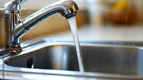 Kitchen faucet running water into stainless steel sink