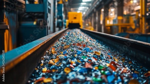 Wallpaper Mural Close-up of a conveyor belt moving sorted metal waste toward a recycling machine in an industrial setting. The shiny pieces glisten under the factory lights. Torontodigital.ca