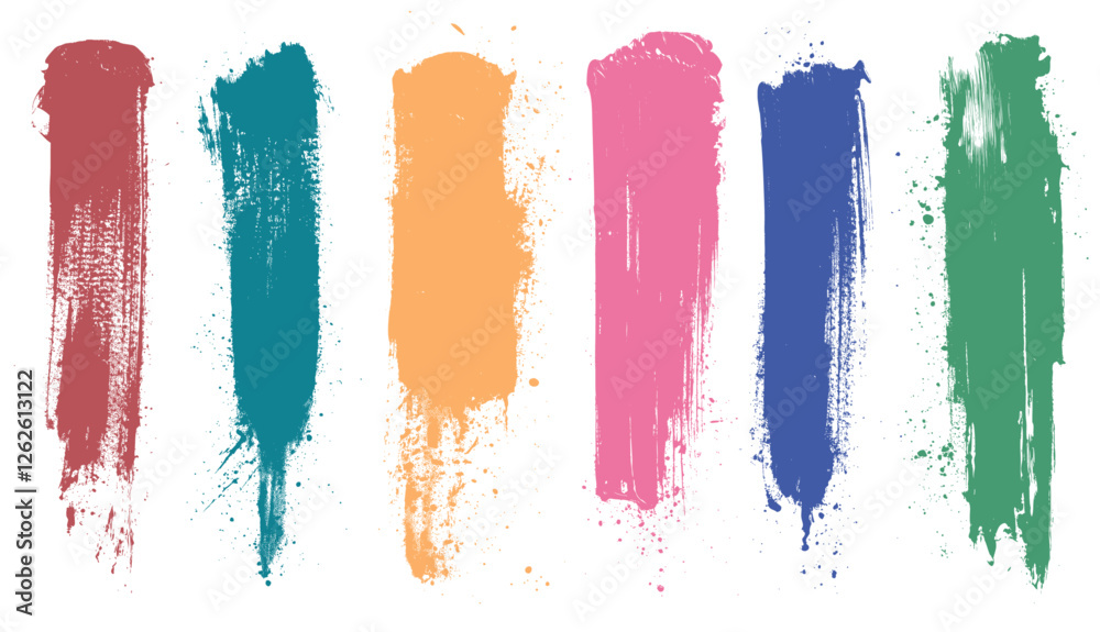 Vector illustration of brush strokes in various colors. Perfect for abstract backgrounds, paint textures, or artistic design elements.