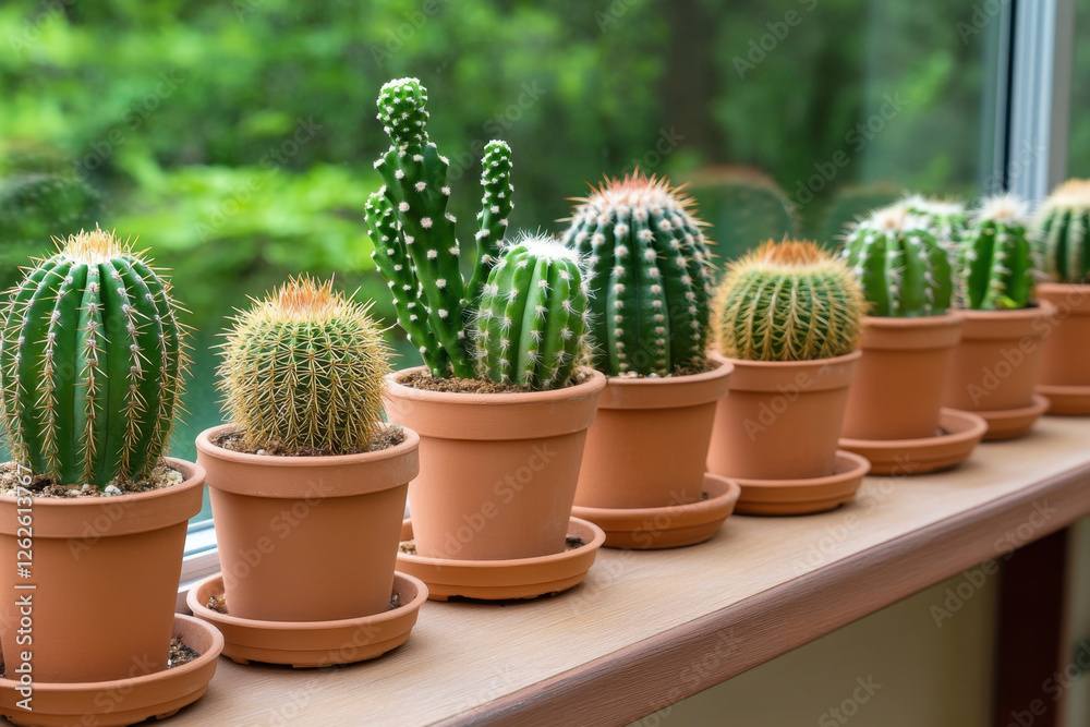 Rows of potted cacti on windowsill, showcasing various shapes and sizes, create vibrant and lively atmosphere in bright indoor space Rows of potted cacti on windowsill, showcasing various shapes and sizes, create vibrant and lively atmosphere in bright indoor space