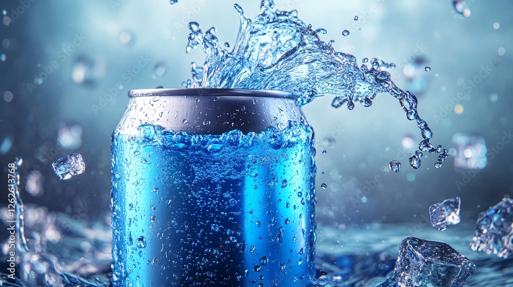 Refreshing Blue Soda Can with Splashing Water Refreshing Blue Soda Can with Splashing Water