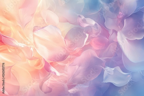 a swirling, ethereal abstract composition of luminous floating petals and organic shapes in soft pastel hues, creating a dreamy, flowing wallpaper design with delicate gradients photo