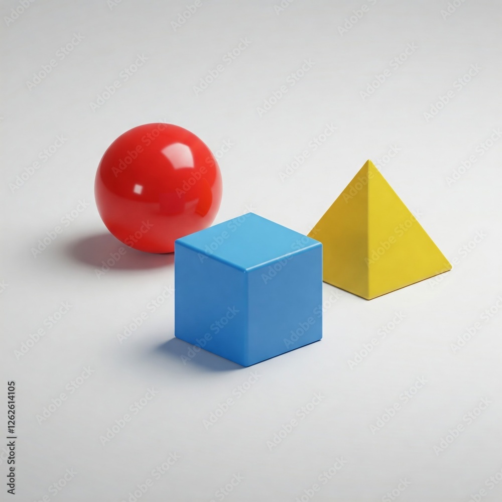 A 3D render of a bright red sphere, a blue cube, and a yellow pyramid resting on a white surface. Simple, clean lighting. Isometric view. A 3D render of a bright red sphere, a blue cube, and a yellow pyramid resting on a white surface. Simple, clean lighting. Isometric view.