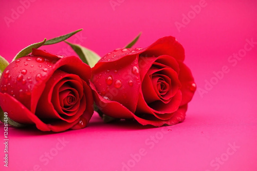 two red roses water droplets pink background green leaves